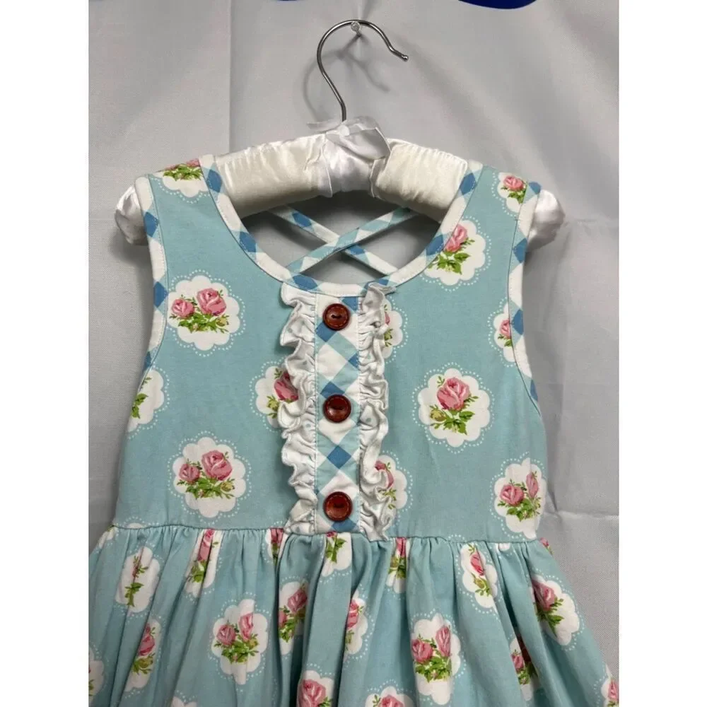 Swoon Baby blue with pink rose print ruffle hem twirl dress size 5